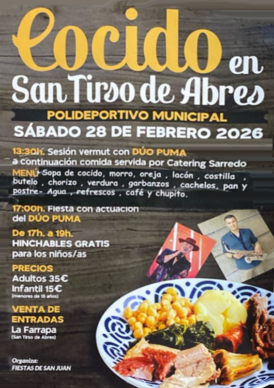 Cocido Popular en San Tirso de Abres el sábado 28 de febrero de 2026